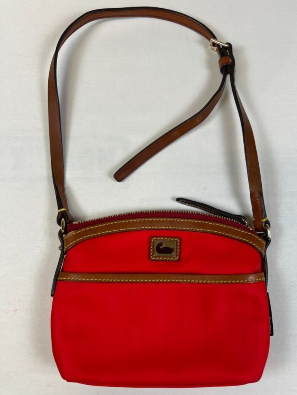 Dooney & Bourke Women Red Nylon Crossbody Bag Brown Leather Trim